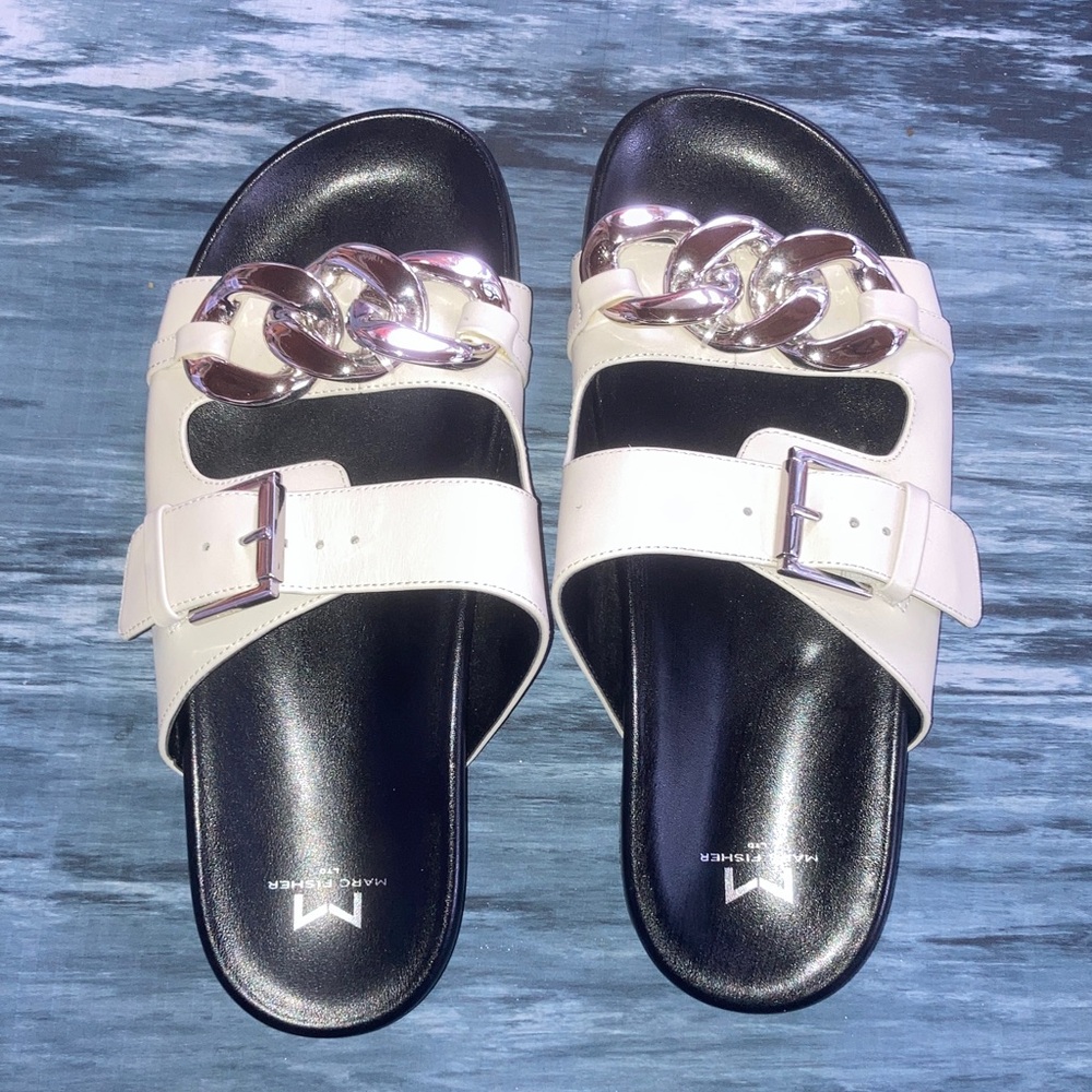 Marc Fisher White and Silver Slide Sandals